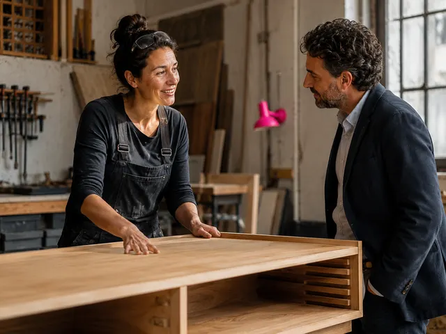 Une menuisière présente un projet terminé dans son atelier